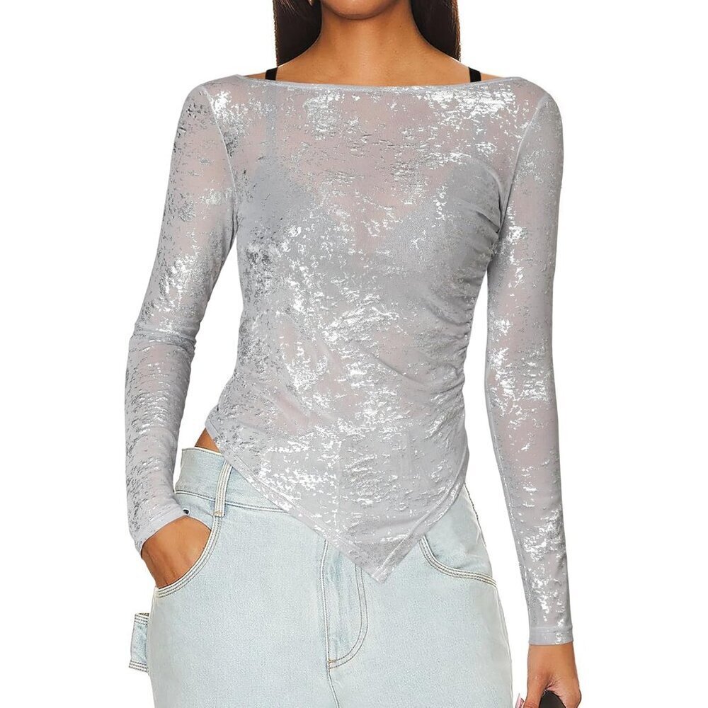 Women's Glitter Mesh Top Long Sleeve Boat Neck Sheer Slim Fit Party Wear